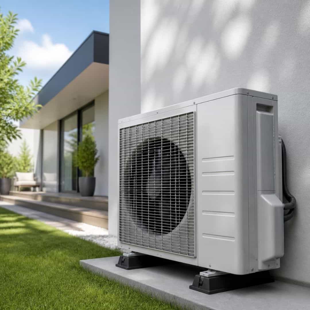 Unité extérieure de climatisation réversible installée en façade d'une maison contemporaine par TP-MG ENERGIES en Île-de-France
